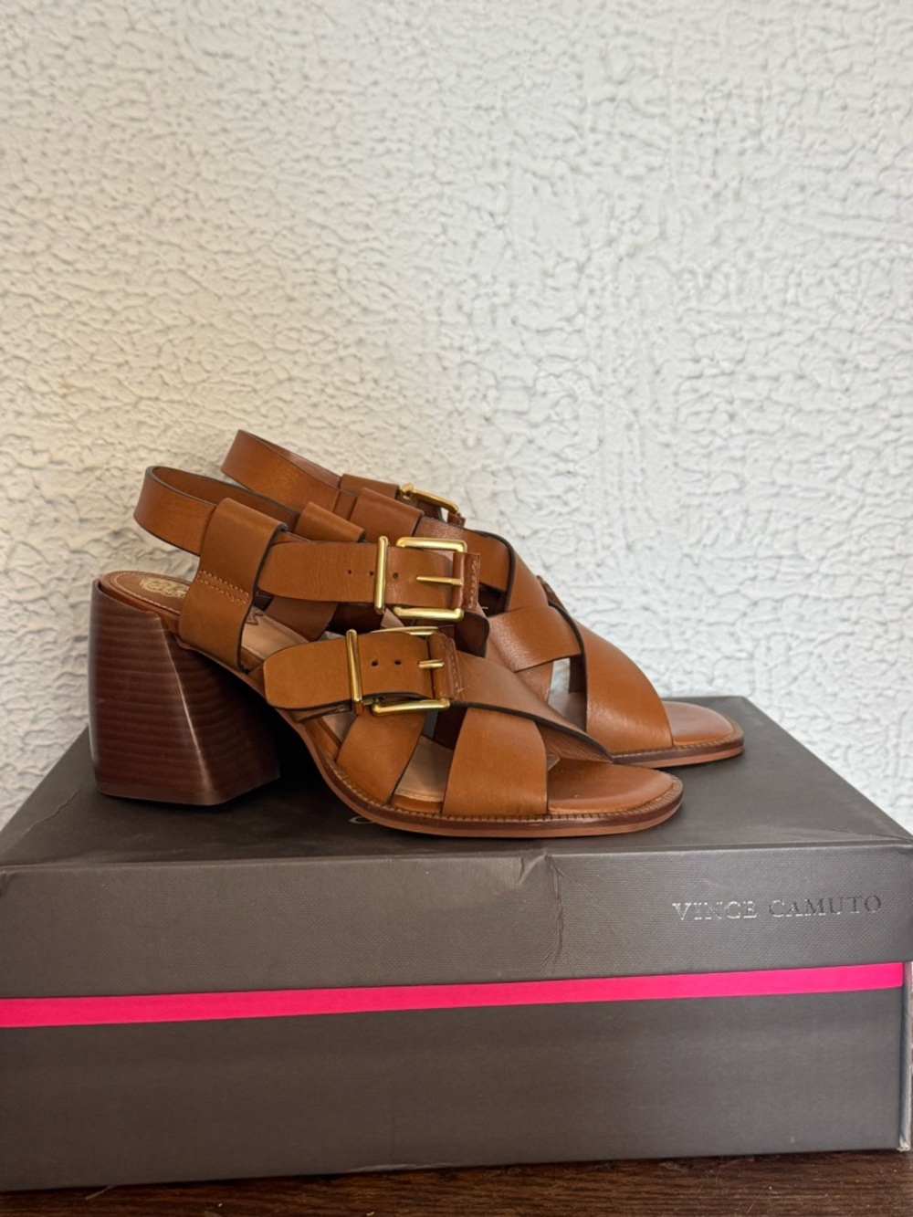 Vince Camuto Cognac Leather Strappy Block Heel Sandals